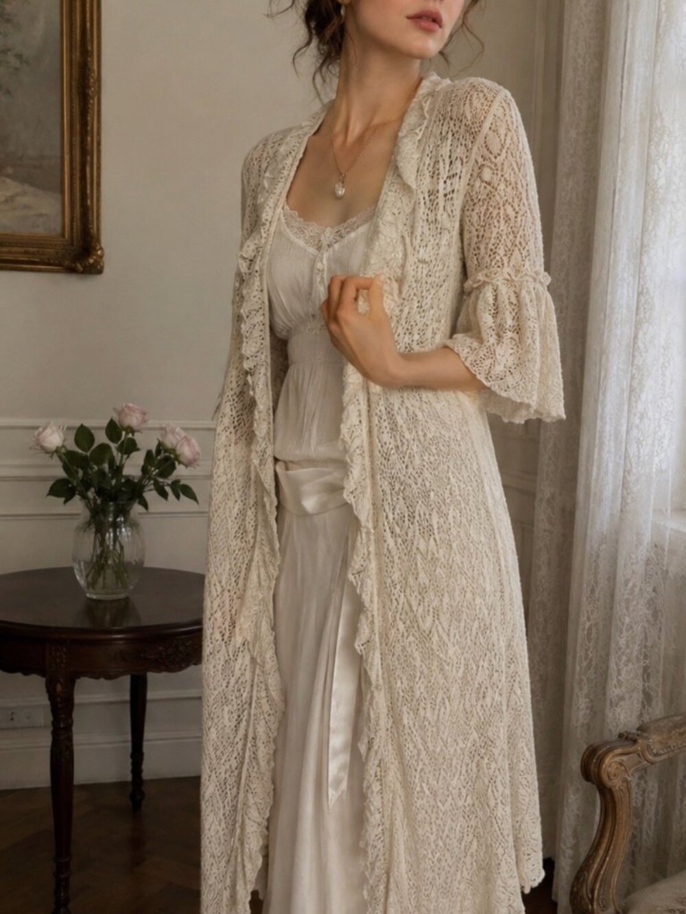 Lace Cardigan Ralph Lauren Vintage Duster Silk Ivory Linen Crochet Knit Ruffle
